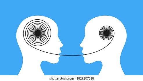 Two human or female heads with a thread between them. Psychotherapy session concept. Psychological support, help concept. Mental disorder treatment concept. Depressed person treatment. Vector