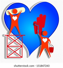 Two human figures repairing a big and blue heart.