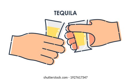 Two human hand holding a glass of tequila. Line art design element on white background. Fingers person with stack with strong alcohol. Concept of time to drink. Modern style illustration. Vector.
