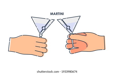 Two human hand holding a glass of martini with olive. Line art design element on white backdrop. Fingers person with celebration wine beverage. Concept of time to drink alcohol. Modern graphic style.
