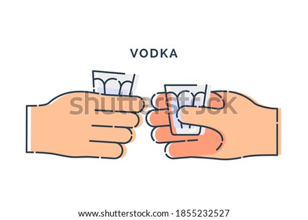 Two human hand holding glass of vodka. Line art design element on white background. Fingers person with stack with strong alcohol. Concept of time to drink alcohol. Modern graphic style illustration
