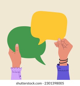 Two human hand holds a speech bubbles. Communication concept. Hand drawn vector illustration isolated on light background. Modern flat cartoon style.