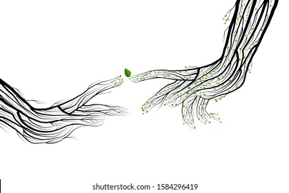 two human hand looks like tree branches on the with background, eco concept, eco product, vector