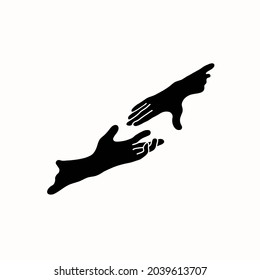 Two human hands arms stretching towards reaching each other logo sign. Creative emblem with arms in black color vector illustration. Unique logotype design template. Isolated on white