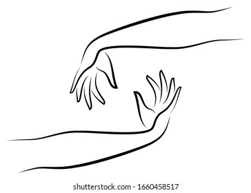 Two human hands. Beautiful graceful silhouette. Thin fingers. Vector illustration.