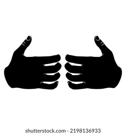 Two human hands with bent fingers and raised up thumb. Cartoon style. Black and white negative silhouette.