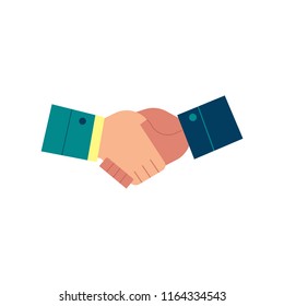 Two human hands in business suits shaking symbol in flat style isolated on white background - greeting or business deal concept with wrists in handshake gesture in vector illustration.