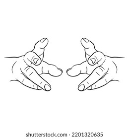 Two human hands with clenched fingers. Reaching forward gesture. Empty palms. Front view. Black and white linear silhouette. Cartoon style. Isolated vector illustration. 