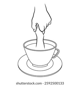 Two human hands and a coffee mug or tea cup. Creative funny beverage design. Black and white linear silhouette.