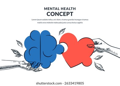 Two human hands connect brain and heart puzzles. Vector hand drawn sketch illustration. Mental health, emotional intelligence, balance, psychotherapy concept