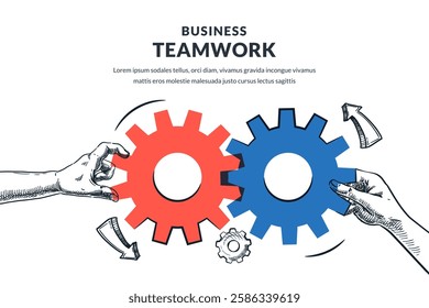 Two human hands connect multicolor mechanism cogwheels. Vector hand drawn sketch illustration. Teamwork solutions and cooperation for business goals. Collaboration, partnership strategy concept