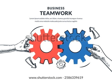 Two human hands connect multicolor mechanism cogwheels. Vector hand drawn sketch illustration. Teamwork solutions and cooperation for business goals. Collaboration, partnership strategy concept