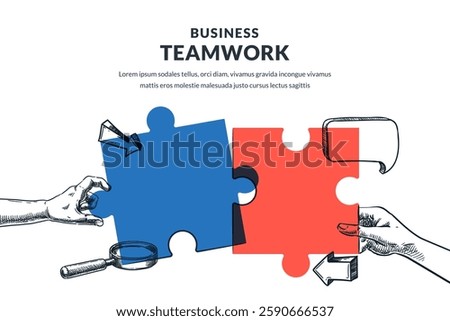 Two human hands connect multicolor puzzle pieces. Vector hand drawn sketch illustration. Teamwork solutions and cooperation for business goals. Collaboration, partnership strategy concept