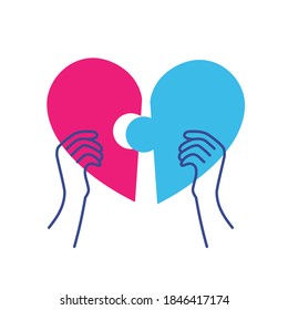 Two human hands connect pieces of heart. Concept of care, health, support, love. Vector illustration.