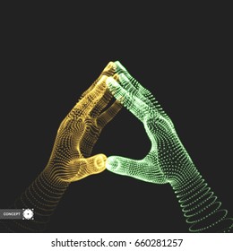 Two human hands. Connection structure. Business concept. 3D vector illustration.