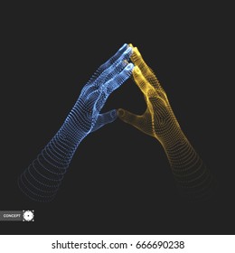 Two human hands. Connection structure. Business concept. 3D vector illustration.