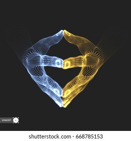 Two human hands. Connection structure. Business concept. 3D vector illustration.