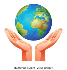 Two human hands cupped together holding planet earth. Vector cartoon illustration
