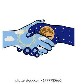 Two human hands as day and night in handshake. Concept for agreement of opposites. Juxtaposition of sun and moon.