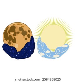 Two human hands as day and night holding full moon and shining sun. Balance of opposites. Creative philosophical concept. Isolated vector illustration.