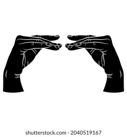 Two human hands in elegant ballet gesture with bent fingers. Cartoon style. Black and white negative silhouette.