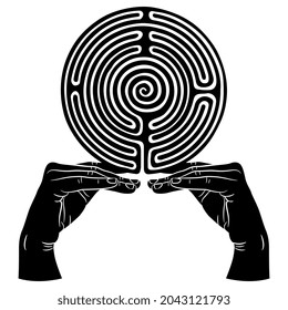 Two human hands in elegant gesture holding a round spiral maze or labyrinth symbol. Creative concept for challenge and knowledge. Black and white silhouette.