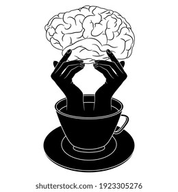 Two human hands emerging from cup of tea or coffee and holding human brain. Black and white silhouette. Creative beverage concept.