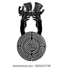 Two human hands emerging from a round spiral maze or labyrinth symbol and holding ancient Carthaginian vessel or sailing boat ship. Creative concept. Black and white negative silhouette.