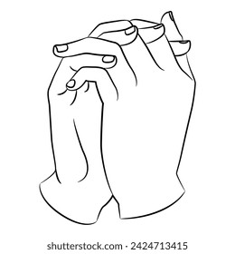 Two human hands folded in pray. Christian symbol. Gesture with interlaced fingers. Black and white linear silhouette.