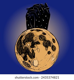 Two human hands folded in pray emerging from full moon in night sky. Creative lunar concept.