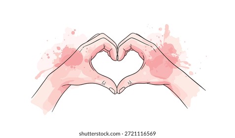 Duas mãos humanas formando uma forma de coração com respingos de aquarela rosa suave representando amor, amizade e conexão emocional.