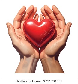 Two human hands gently cupping a realistic red heart with visible veins, isolated on a white background.