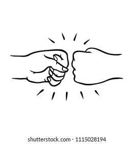 Two human hands giving fist bump gesture in sketch style isolated on white background - hand drawn vector illustration of pair of wrists greeting each other with fist together.