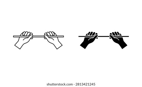 Two human hands grasping a horizontal bar in a minimalist style, shown as both an outline and a solid silhouette, representing strength and physical activity.