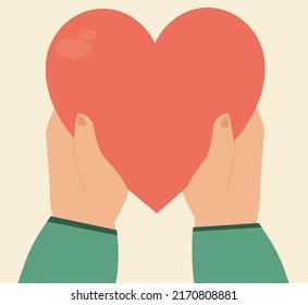 Two human hands hold a big heart as a sign of love in valentine's day. Concept of couple love, philanthropy, charity and donation. Vector illustration