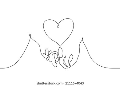 two human hands hold fingers for each other space between them in shape of heart - one line drawing vector. concept of two lovers, newlyweds, couple skinship 