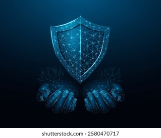 Two human hands hold a shield. Wireframe glowing low poly guard. Design on a blue background. Abstract futuristic vector illustration