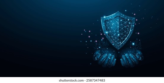 Two human hands hold a shield. Wireframe glowing low poly guard. Design on a blue background. Abstract futuristic vector illustration