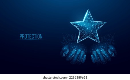 Two human hands hold a star. Wireframe glowing low poly design on a blue background. Abstract futuristic vector illustration