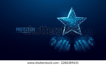 Two human hands hold a star. Wireframe glowing low poly design on a blue background. Abstract futuristic vector illustration