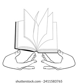 Two human hands holding a book with open pages or a bible. Black and white linear silhouette.