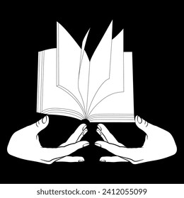Two human hands holding a book with open pages or a bible. Black and white silhouette.