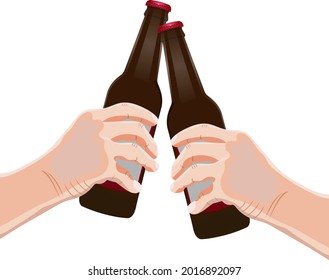 Two human hands holding brown beer bottles. For banners, flyers, posters, cards. International Beer Day. Beer day. Alcoholic drinks. Vector illustration isolated on white background.