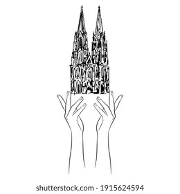 Two human hands holding Cologne Cathedral. Black and white linear silhouette. Creative concept for culture and travel.