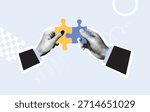 Two human hands holding connecting puzzle pieces in yellow and blue isolated on light background. Flat collage illustration with halftone hands. Teamwork and business partnership concept. Design for