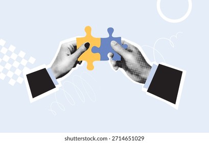 Duas mãos humanas segurando peças de quebra-cabeça em amarelo e azul isolado no fundo claro. Ilustração de colagem plana com mãos de meio-tom. Trabalho em equipe e conceito de parceria empresarial. Design para