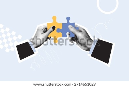 Two human hands holding connecting puzzle pieces in yellow and blue isolated on light background. Flat collage illustration with halftone hands. Teamwork and business partnership concept. Design for