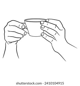 Two human hands holding a cup of coffee or tea. Black and white linear silhouette. Beverage design. Cartoon style. Closeup front view. Isolated vector illustration.