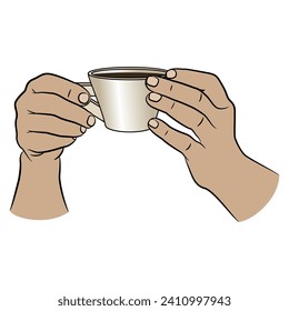 Dos manos humanas sosteniendo una taza de café o té. Diseño de bebidas. Estilo de caricatura. Cerrar la vista frontal. Ilustración vectorial aislada.