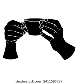 Two human hands holding a cup of coffee or tea. Black and white silhouette. Beverage design. Cartoon style. Closeup front view. Isolated vector illustration.